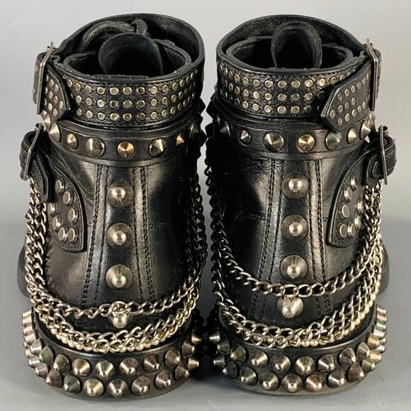 SAINT LAURENT Size 6.5 Black Studded Leather Lace-Up Belted Boots - Picture 3 of 10